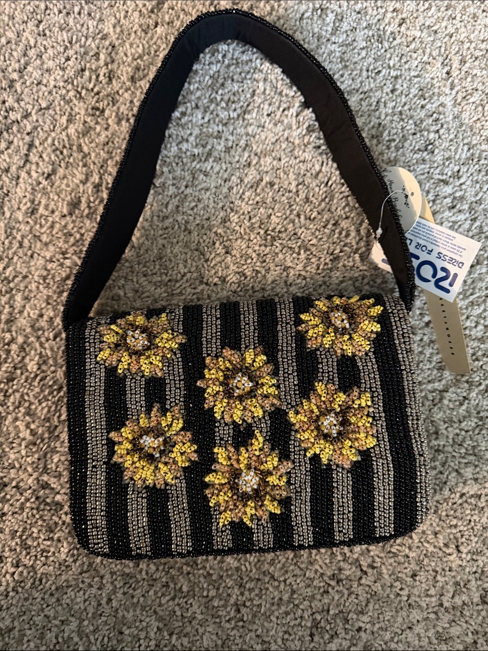 Beaded sunflower  Black Shoulder Bag with stripes